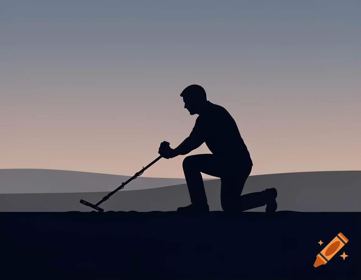 A silhouette of a person kneeling, using a metal detector against a soft gradient sky at dusk.