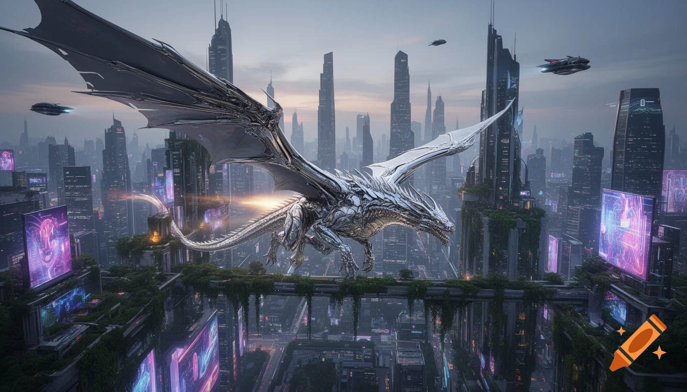 A large metallic dragon with expansive wings soars above a futuristic cityscape at dusk, featuring tall skyscrapers, glowing screens, and flying vehicles.