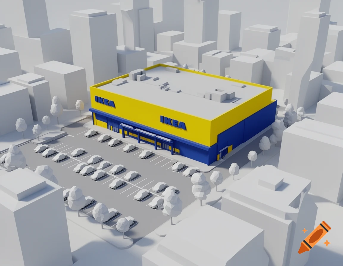 A low-poly 3D render of a yellow and blue IKEA store with a parking lot in a minimalist white city, from a drone view.