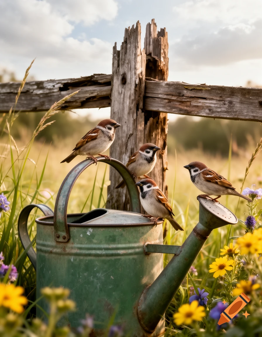 Four sparrows perch on a green watering can near an old wooden fence in a sunny garden with wildflowers.