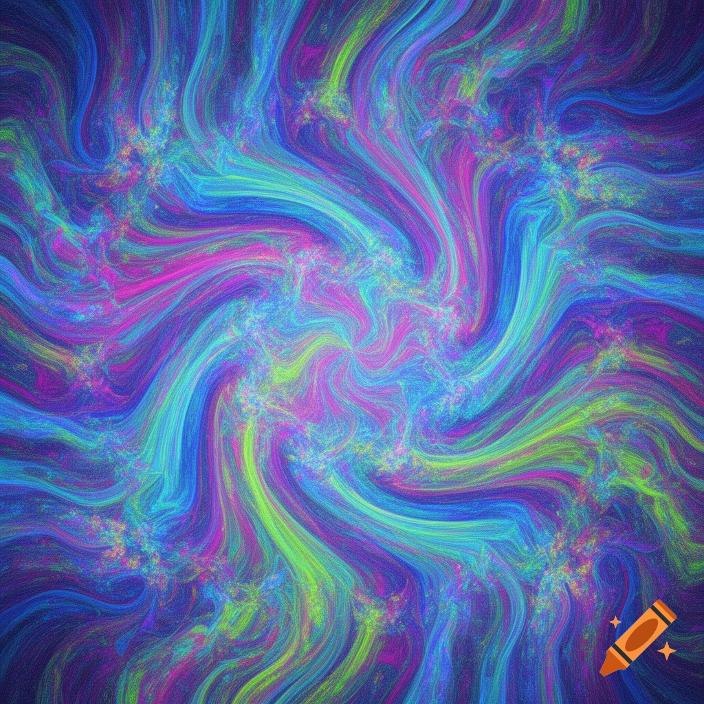 An abstract swirling pattern of vibrant blue, purple, pink, and green lines.