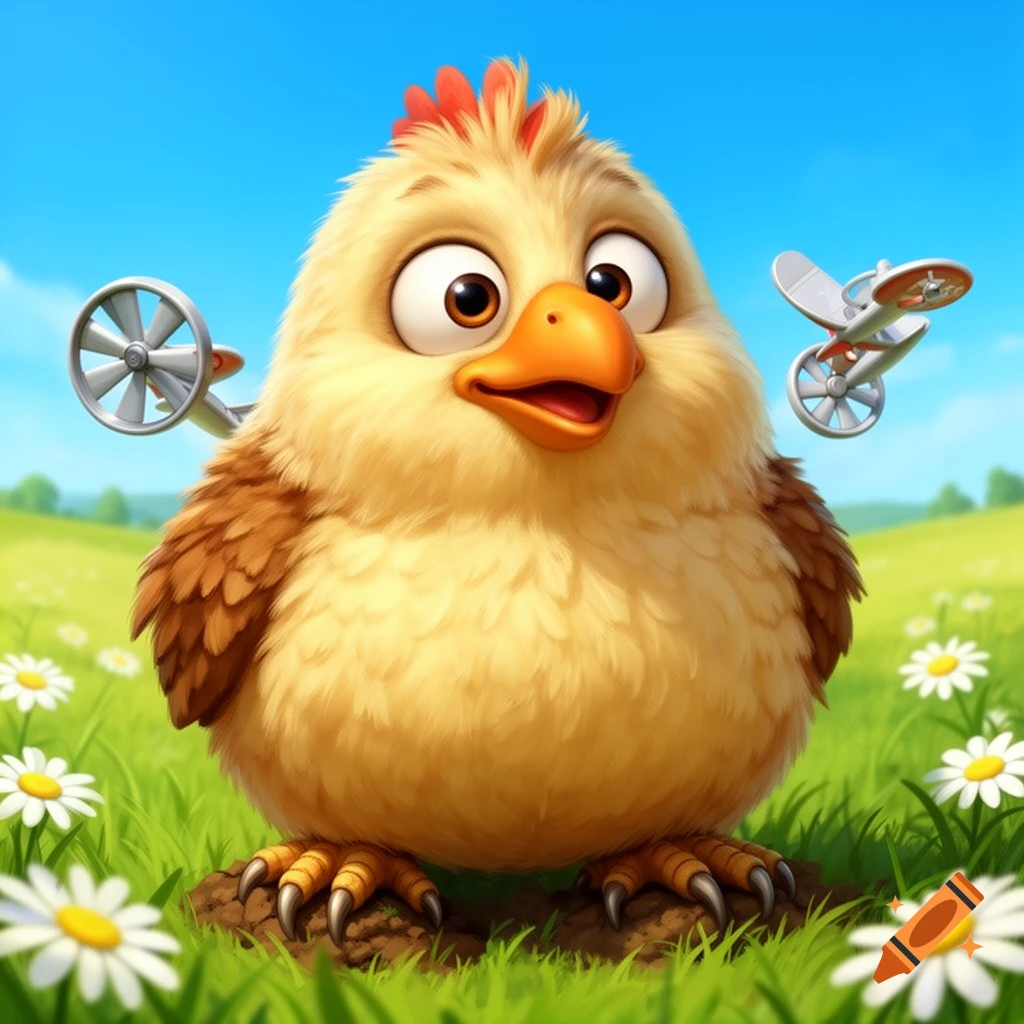 A fluffy cartoon chicken-mole hybrid with propeller wings, big eyes, and an orange beak, standing in green grass with daisies.