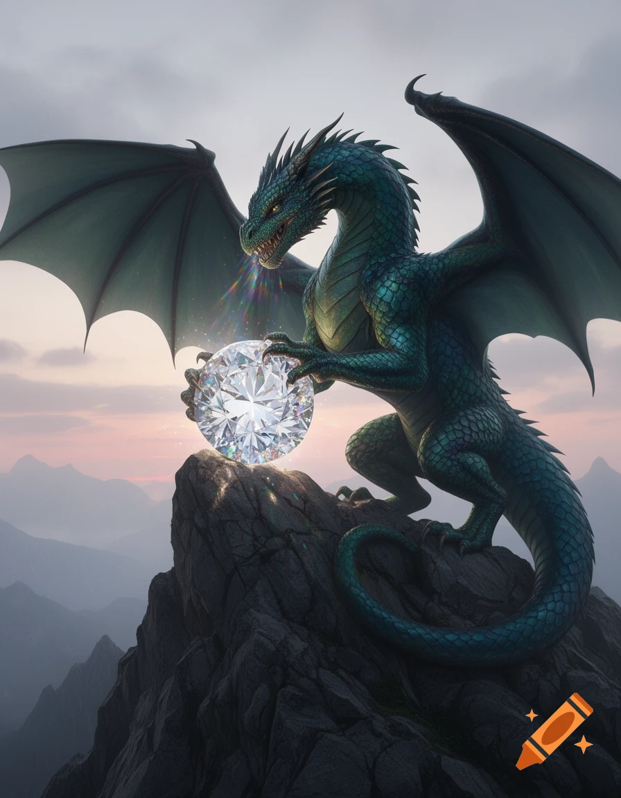 A majestic green dragon with large wings holds a giant sparkling diamond on a rugged mountain peak at sunset.