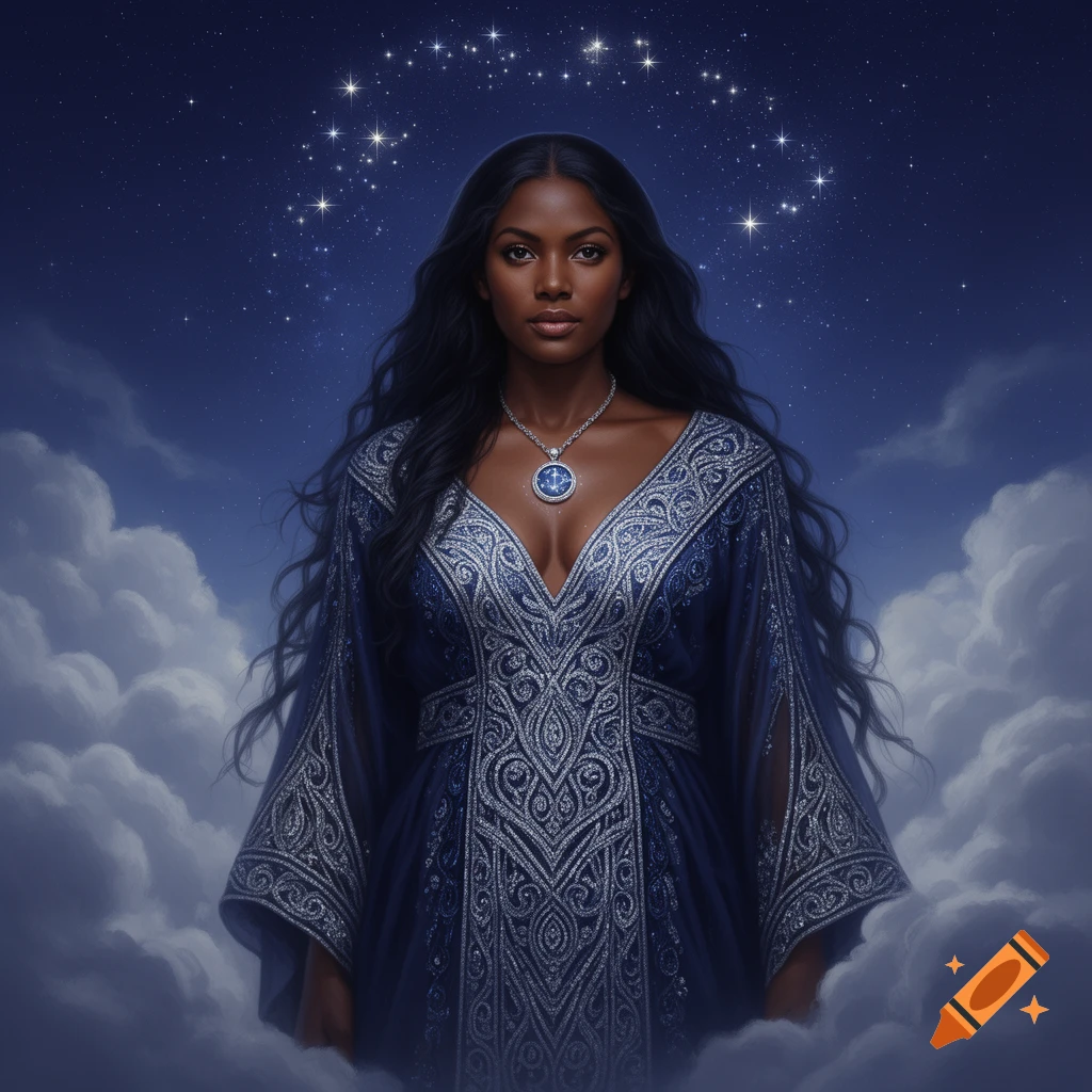 A dark-skinned woman in an ornate blue and silver dress stands against a starry night sky with clouds.