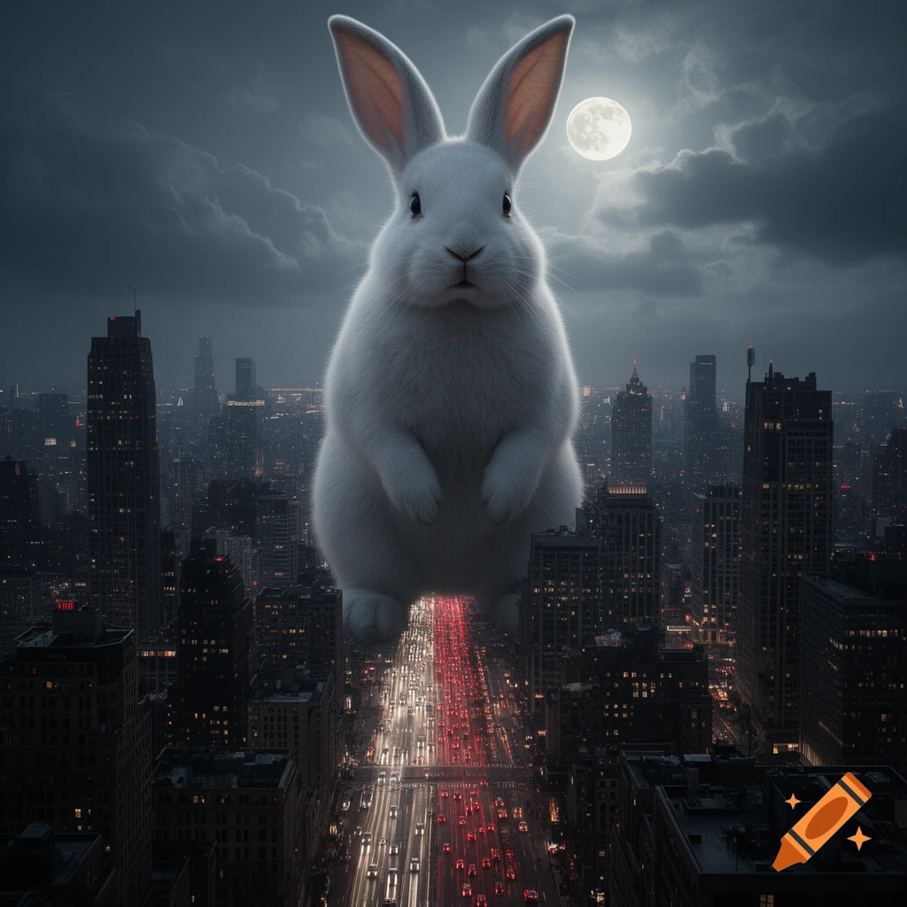 A giant white bunny stands over a dark, bustling city street at night, with a full moon visible in the sky.