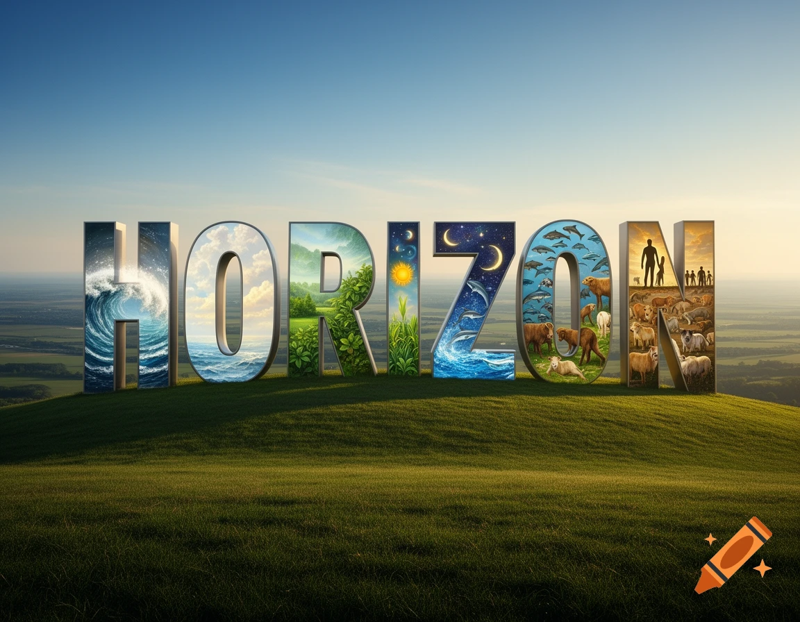 3D letters spelling HORIZON on a grassy hill, each filled with natural scenes of oceans, forests, night sky, marine life, land animals, and humans.