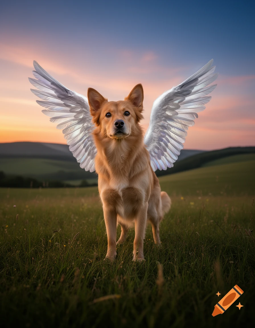 Photorealistic golden-brown dog with white wings standing in a grassy field at sunset with hills in the background.