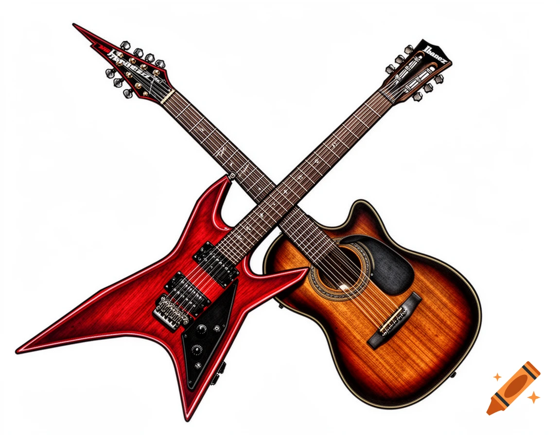 A red electric guitar with a pointed body and an acoustic guitar with a sunburst finish are crossed against a white background, like a tattoo design.