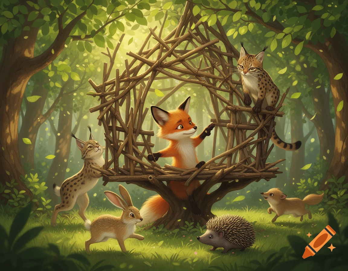 A playful cartoon fox builds a stick den as two lynxes, a rabbit, a hedgehog, and a weasel look on in a sunny forest.