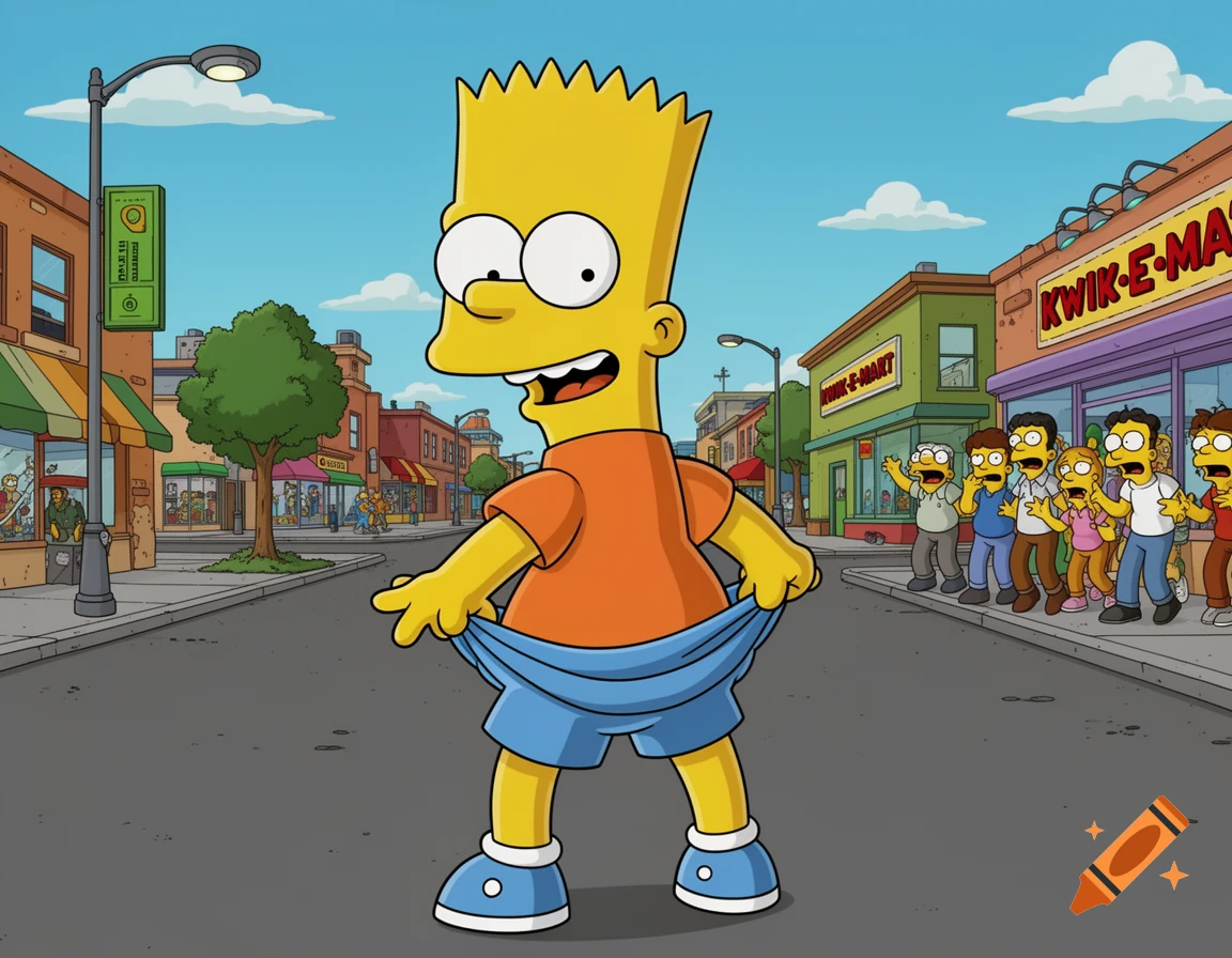 Bart Simpson stands in a street with his shorts pulled down, facing the camera. A group of shocked people stand near the Kwik-E-Mart in the background.