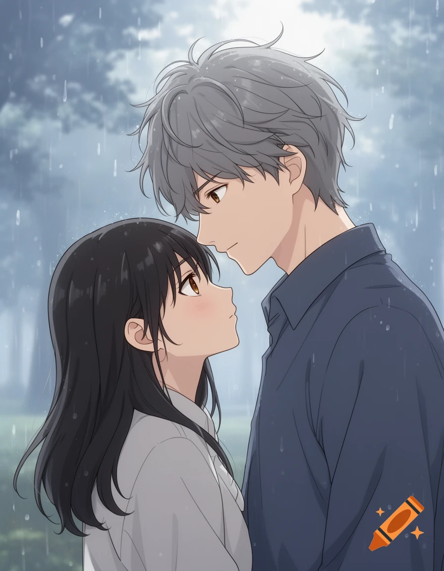 Anime man and woman gaze lovingly at each other, standing close in the rain.