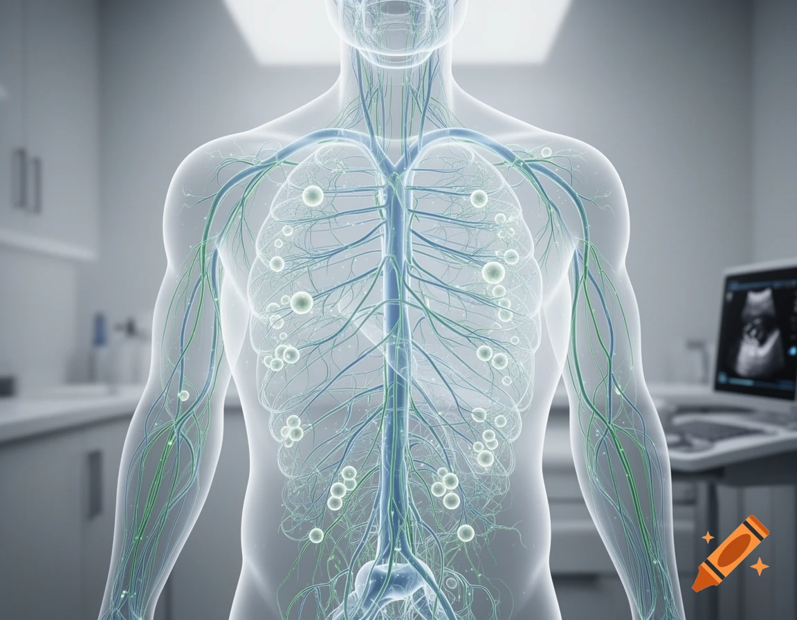 Translucent 3D rendering of the human upper torso, showing blue and green lymphatic vessels and nodes in a medical setting.