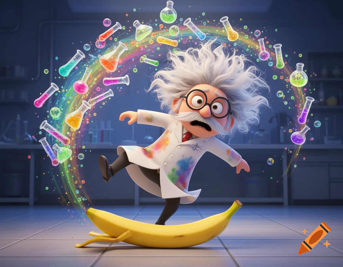 Humorous cartoon of a mad scientist slipping on a banana peel in a lab, with colorful beakers and test tubes floating around him.
