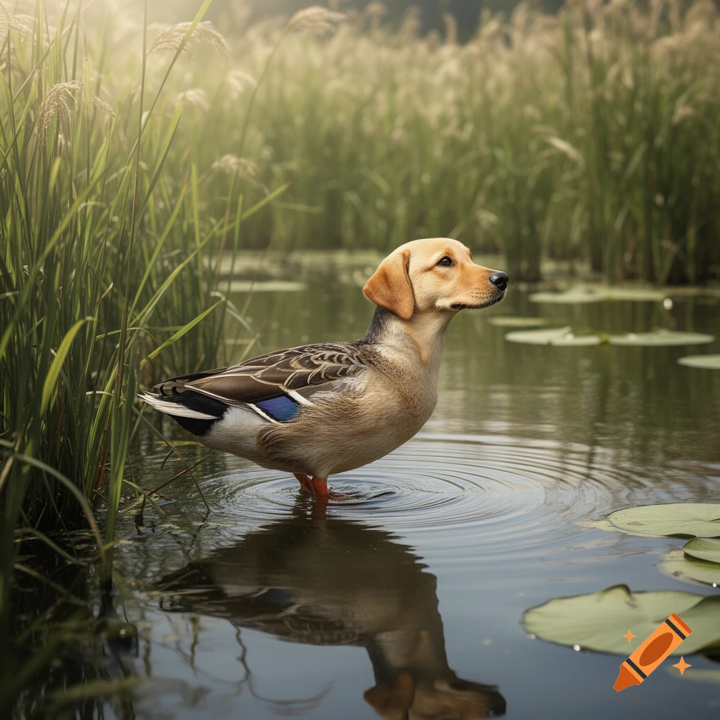 Photorealistic image of a duck with a golden retriever head standing in shallow water amidst green reeds and lily pads.
