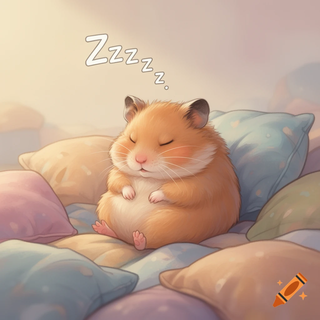 A cute, fluffy cartoon hamster sleeps soundly on a pile of colorful, soft pillows, with "Zzzzz" floating above its head.