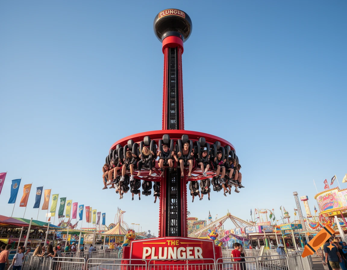 A tall red and black drop tower ride named "The Plunger" at a bustling carnival, with riders suspended mid-air.