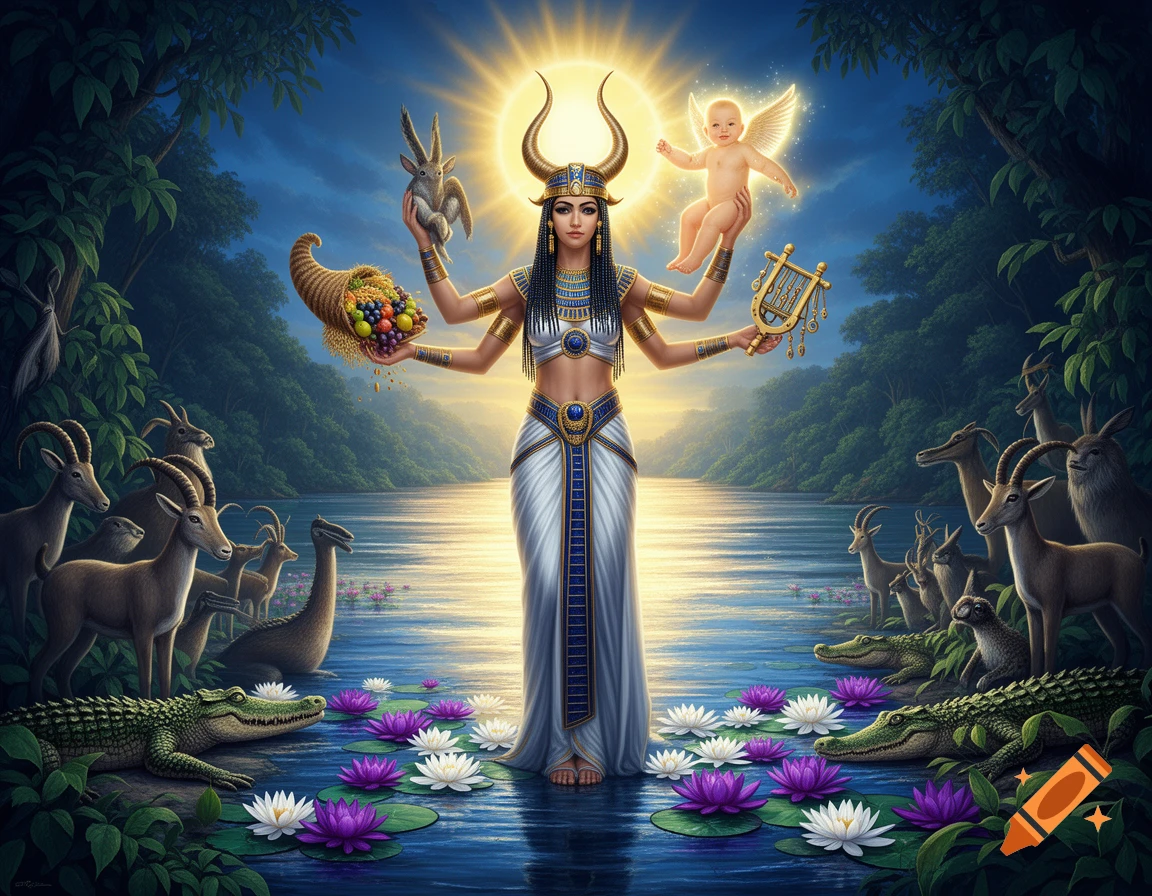 A multi-armed goddess with horns stands in the sunlit Nile, holding an infant sun, a cornucopia, and a sistrum, surrounded by animals and water lilies in a stylized, dramatic fantasy scene.