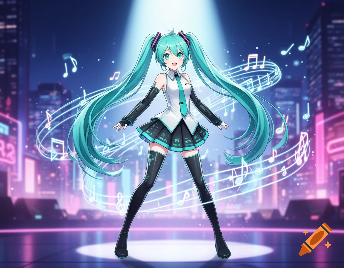 An anime character with long turquoise pigtails, a white and black outfit, standing in a spotlight with glowing music notes and a neon city background.