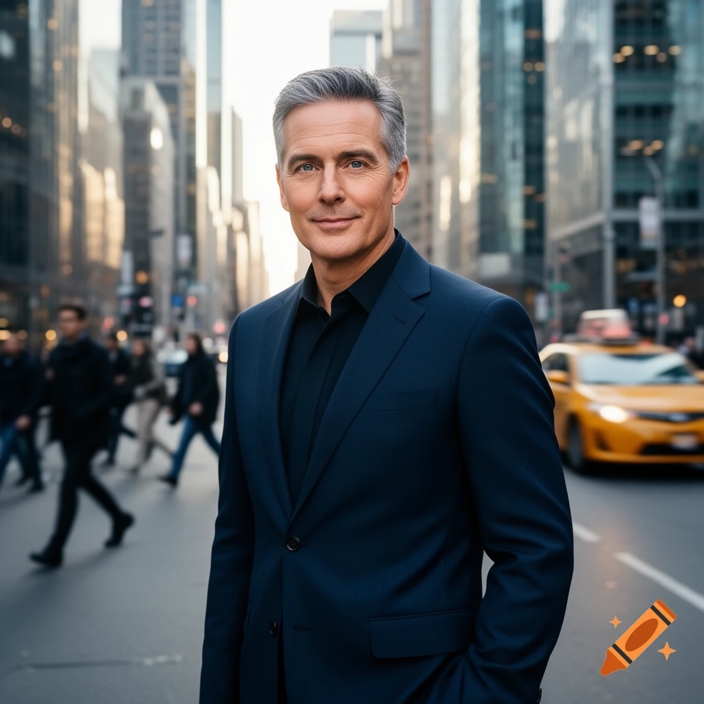A confident man with gray hair in a dark suit smiles on a busy city street with skyscrapers and a yellow taxi in the background.