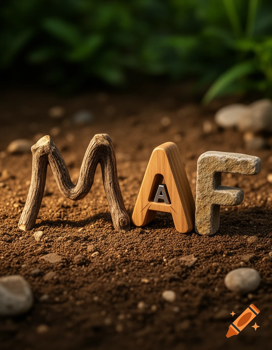 Letters M, A, F crafted from a stick, wood, and stone, respectively, stand on soil with green foliage in the background, photorealistic style.