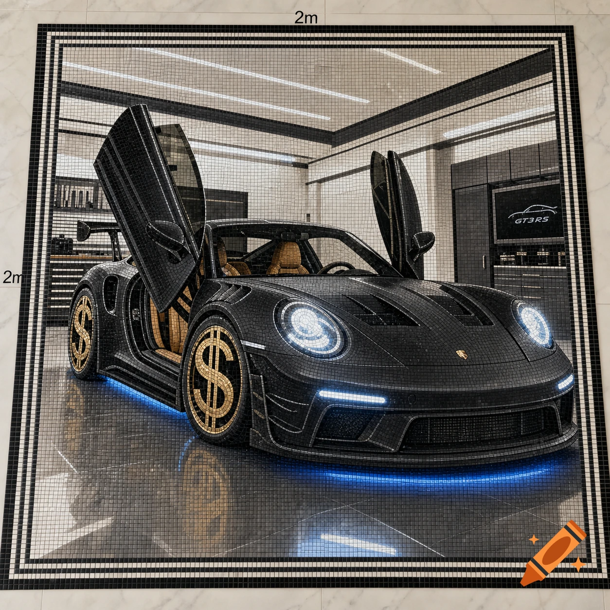 A mosaic of a black Porsche GT3 RS with open doors, gold dollar sign rims, and blue underglow, in a white-lit garage with "2m" marked dimensions.