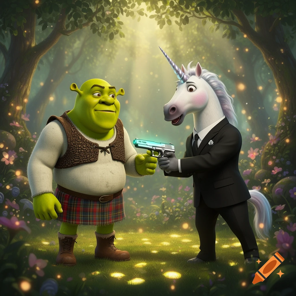 Shrek looking surprised as a unicorn in a suit points a glowing pistol at him in a magical forest.