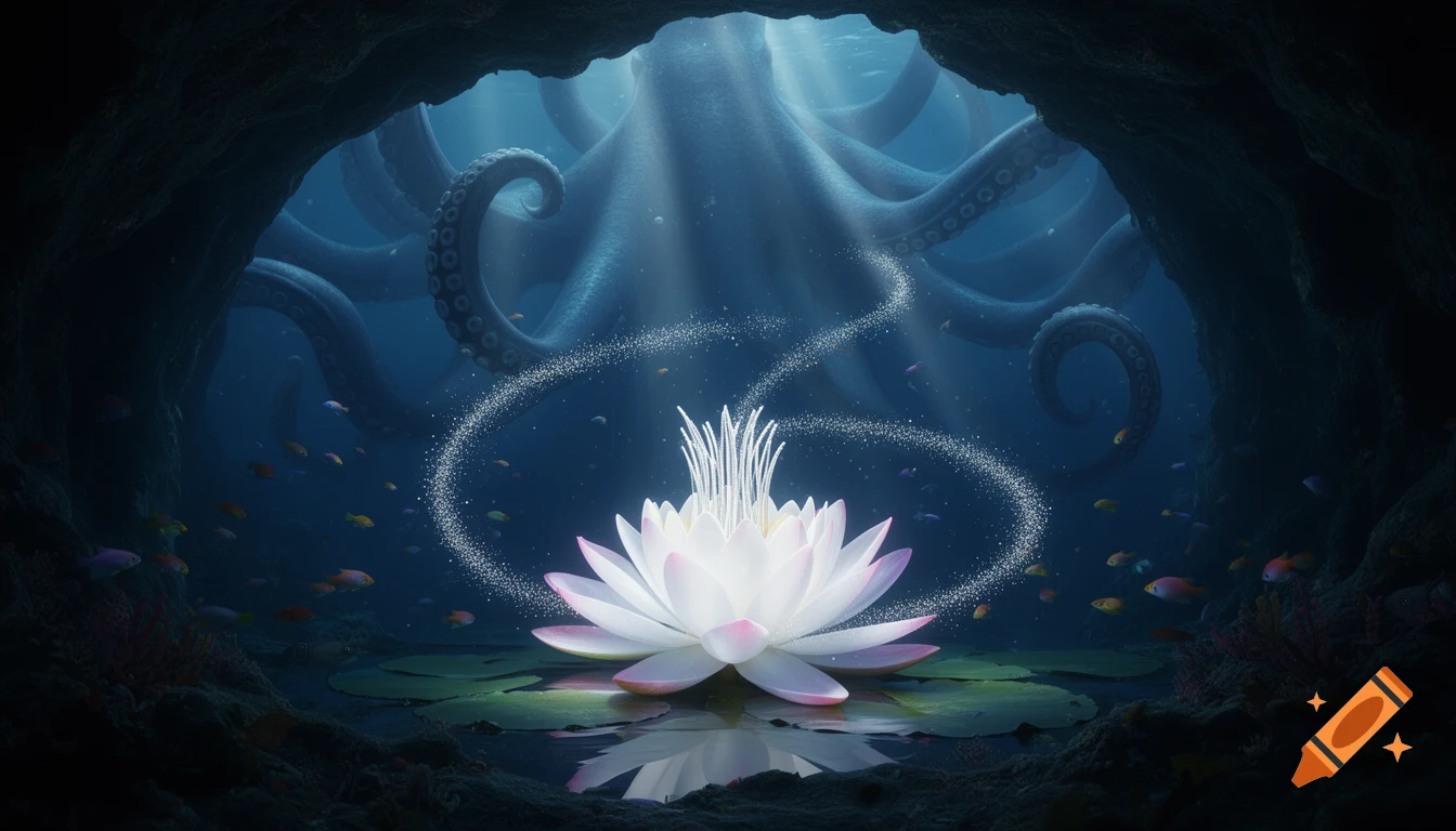 A magical glowing pink and white lotus flower in an underwater cave, surrounded by swirling light, with a giant octopus and small fish.