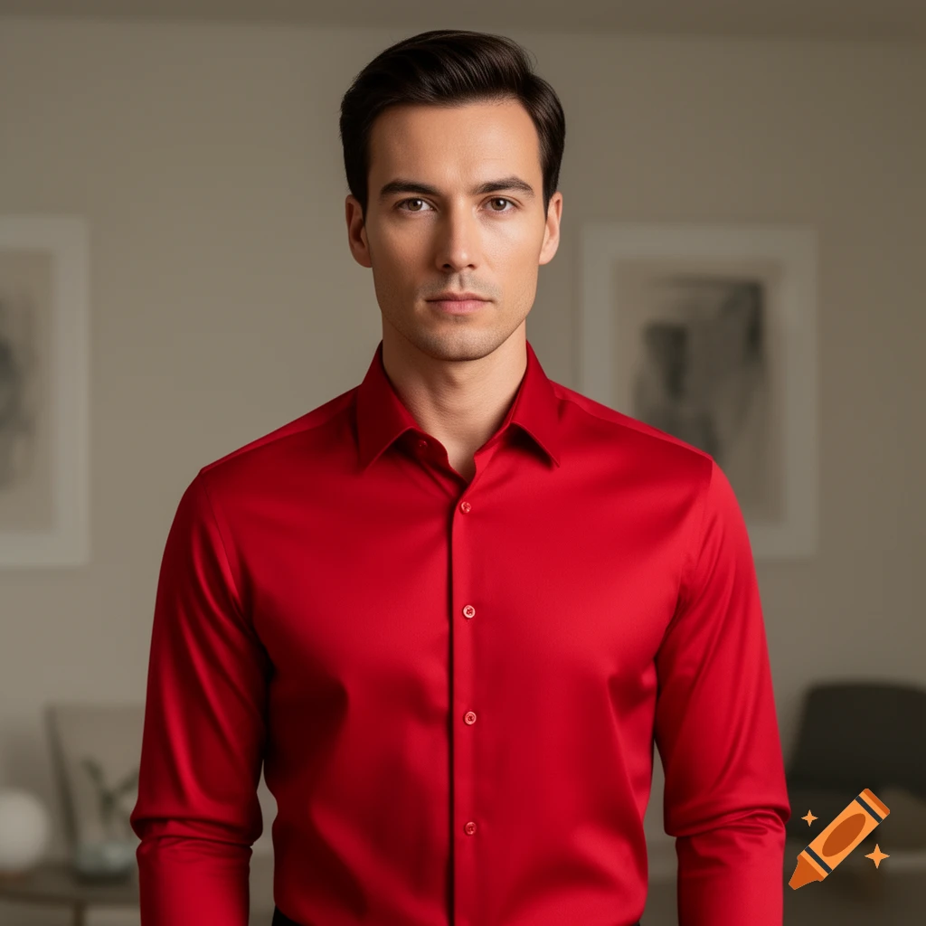 Photorealistic portrait of a man with dark hair wearing a bright red collared shirt, looking directly forward.