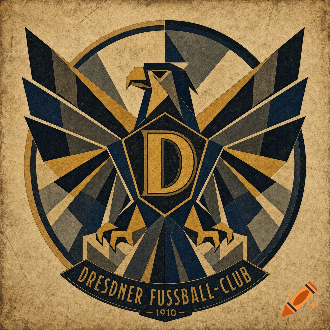 A vintage cubistic Art Deco logo for Dresdner Fußball-Club 1910, featuring a stylized eagle and the letter D in gold and blue.