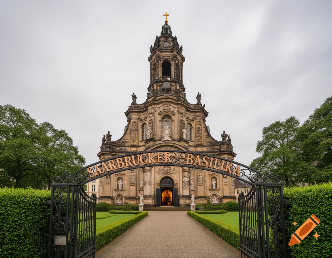 Photorealistic image of the Saarbrücker Basilika, a grand baroque church, seen through an ornate iron gate with its name.