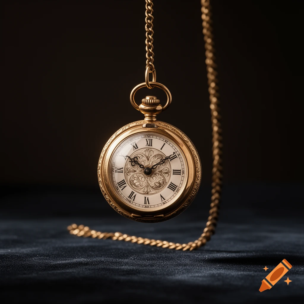 A photorealistic golden pocket watch with Roman numerals on its face, swinging from a chain against a dark background.
