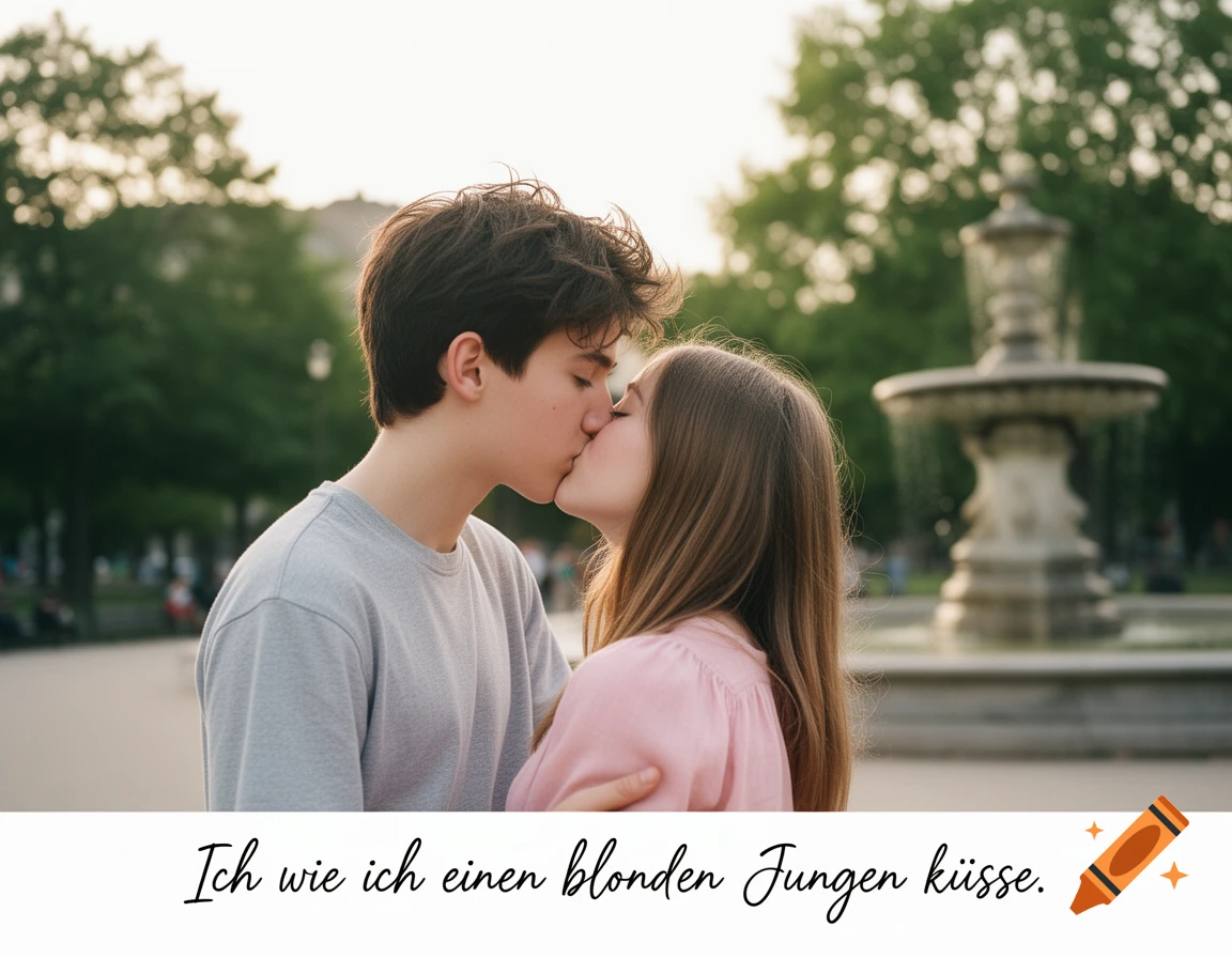 Photorealistic image of a young couple kissing in a park with a fountain in the background.