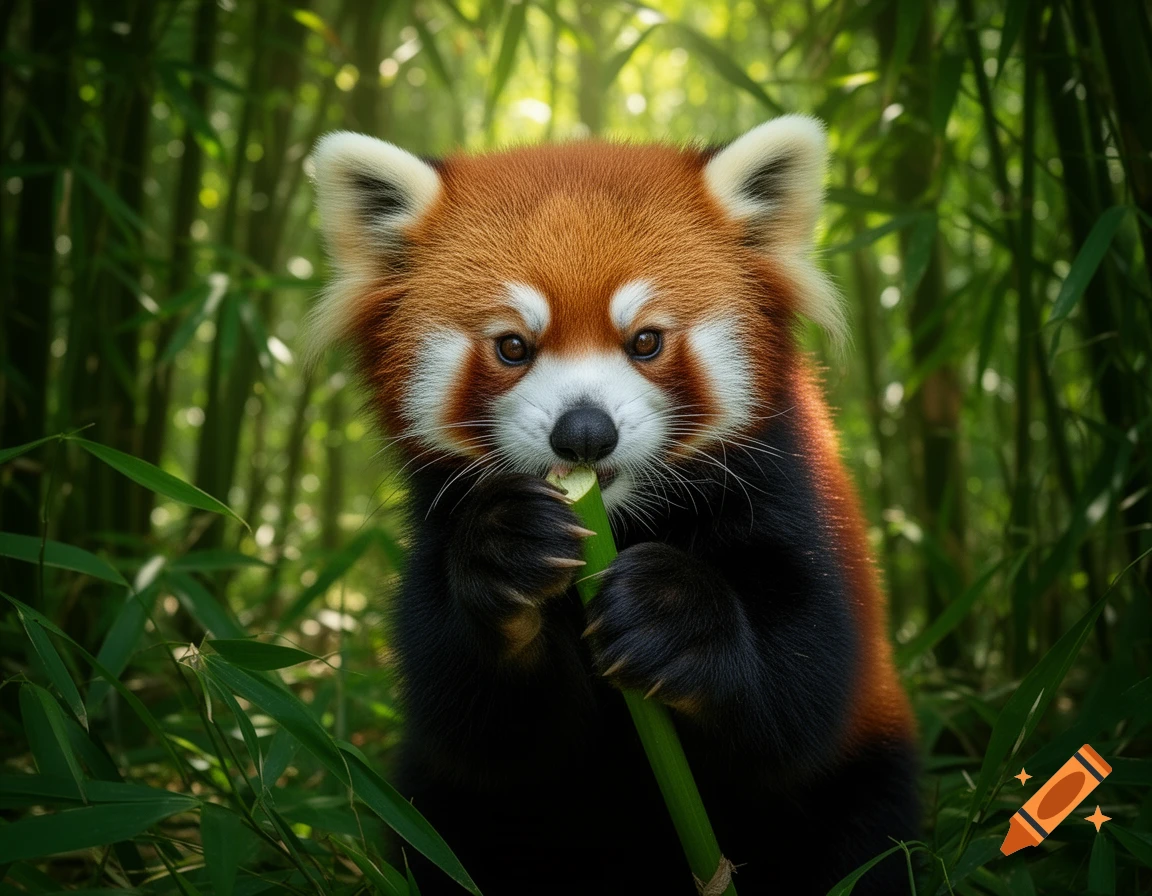 A close-up, photorealistic image of a red panda with white markings eating a green bamboo stalk in a lush green bamboo forest.