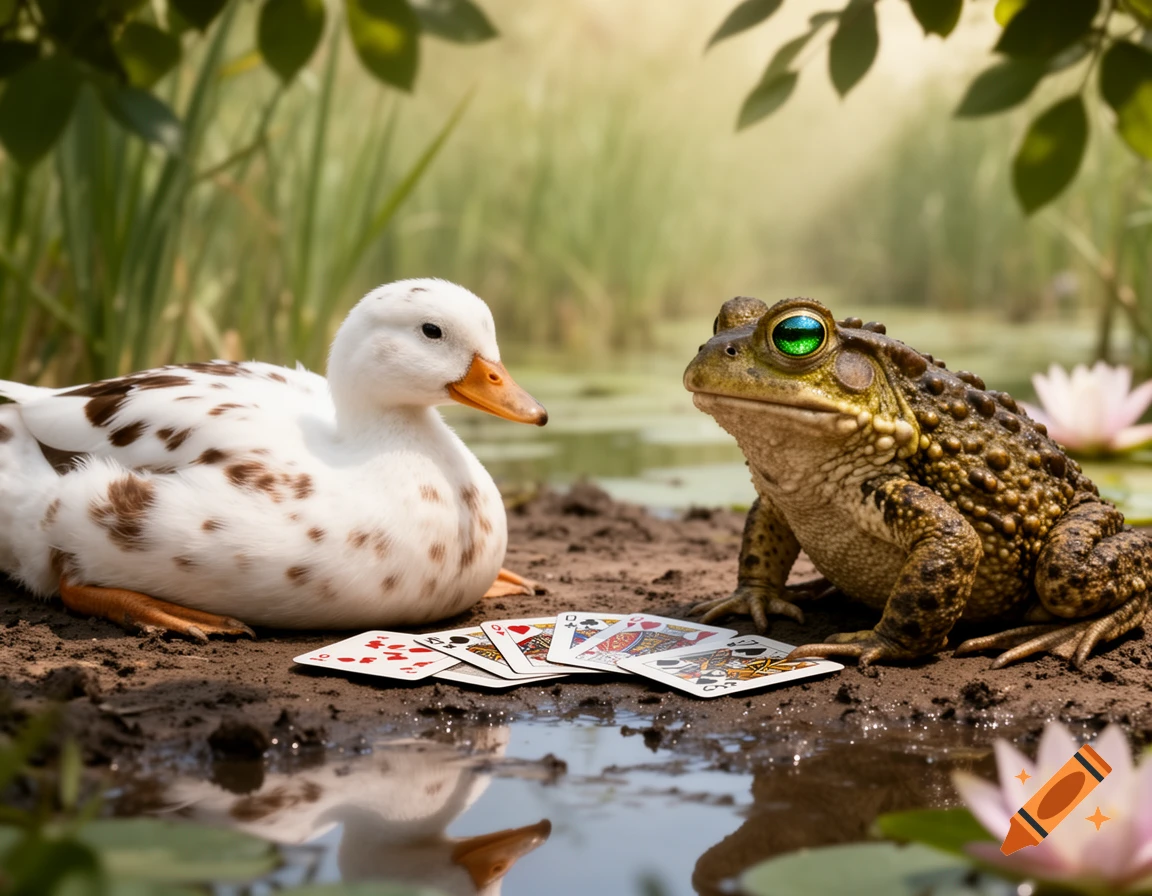 A white duck with brown spots and a toad with green eyes sit on muddy ground, playing cards by a pond with water lilies.
