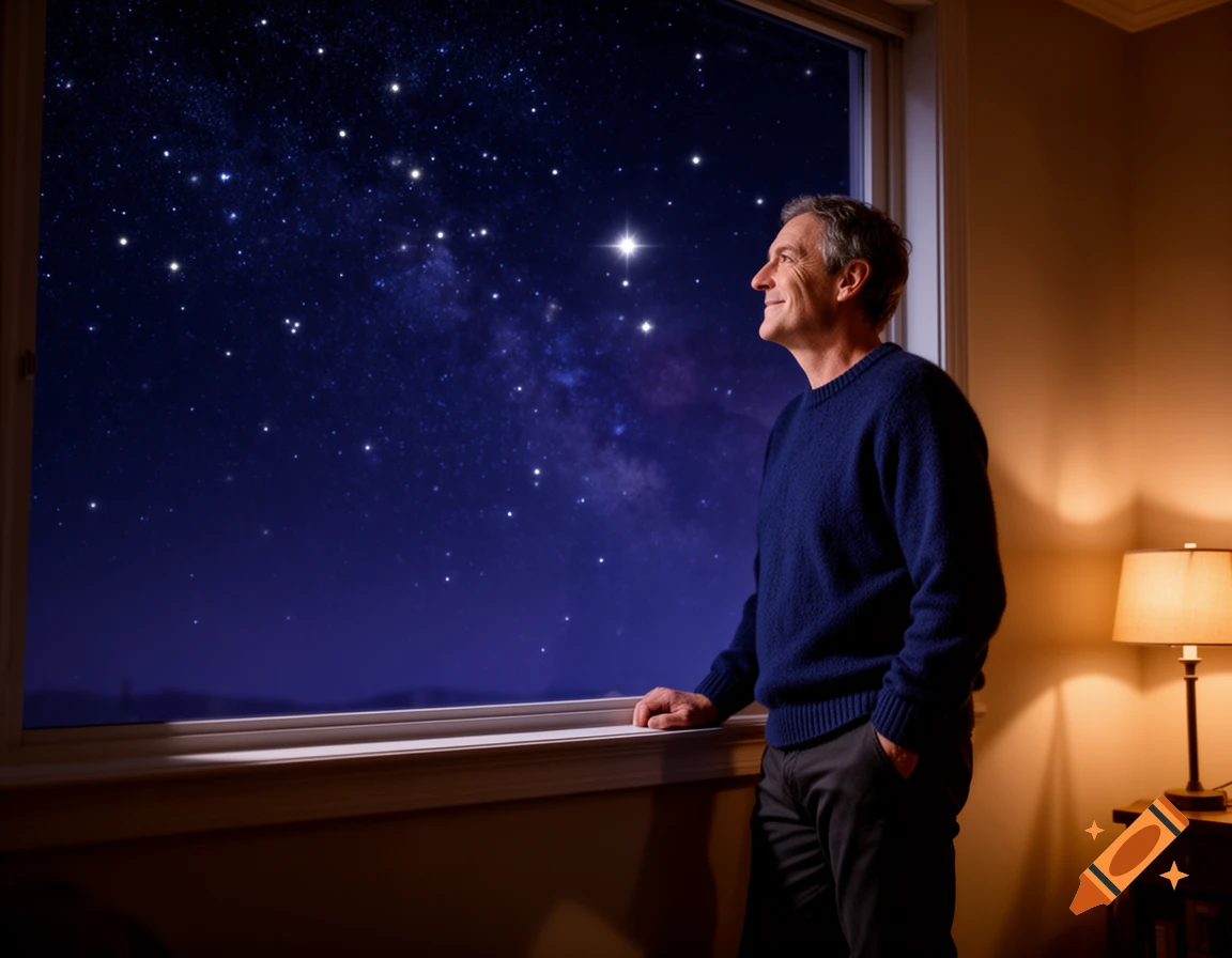 Photorealistic man in a blue sweater looking out a window at a vast starry night sky, with one bright star.