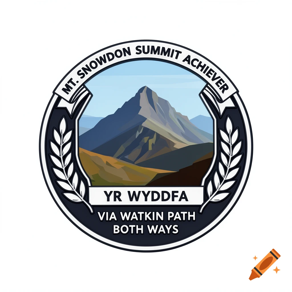 A challenge coin design for Mt. Snowdon, featuring a mountain illustration and text 'MT. SNOWDON SUMMIT ACHIEVER', 'YR WYDDFA', and 'VIA WATKIN PATH BOTH WAYS' on a dark circular badge.
