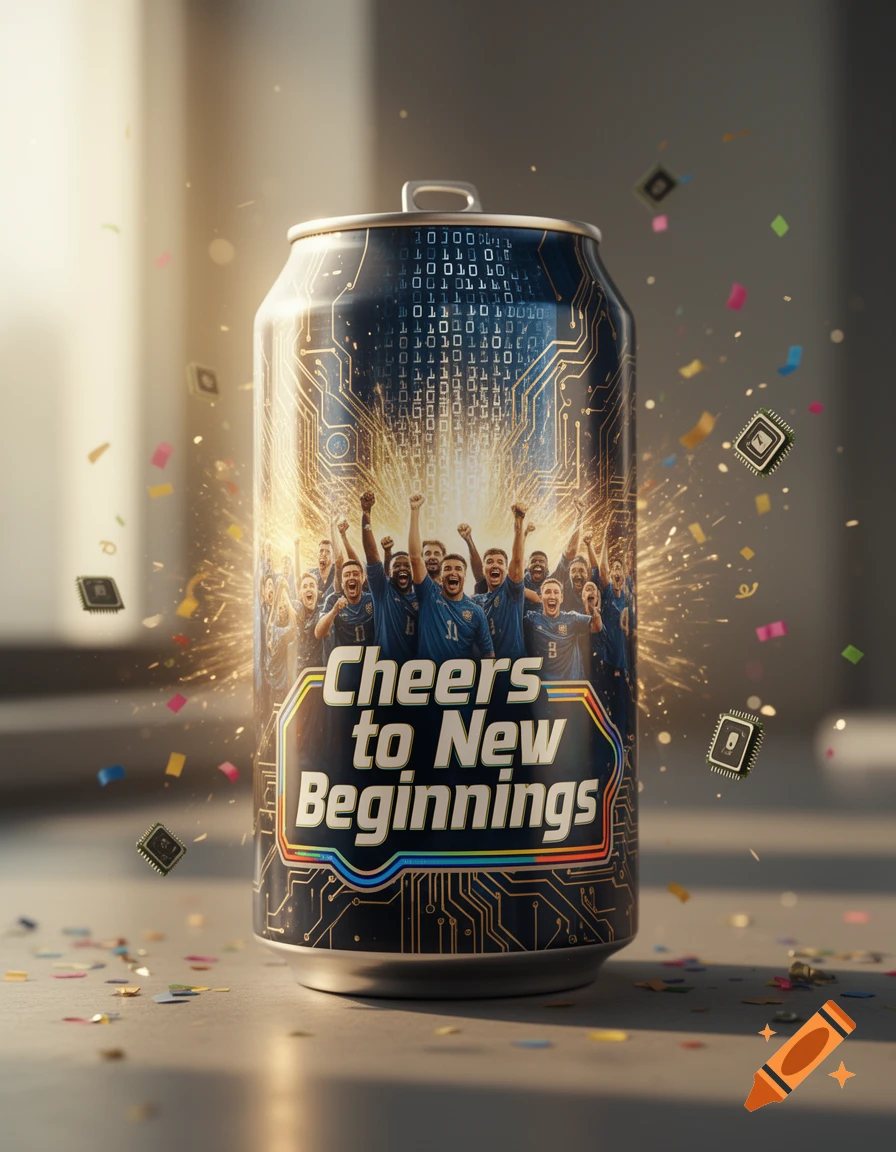Photorealistic soda can with circuit board patterns, binary code, cheering people, 'Cheers to New Beginnings' text, confetti, and microchips.