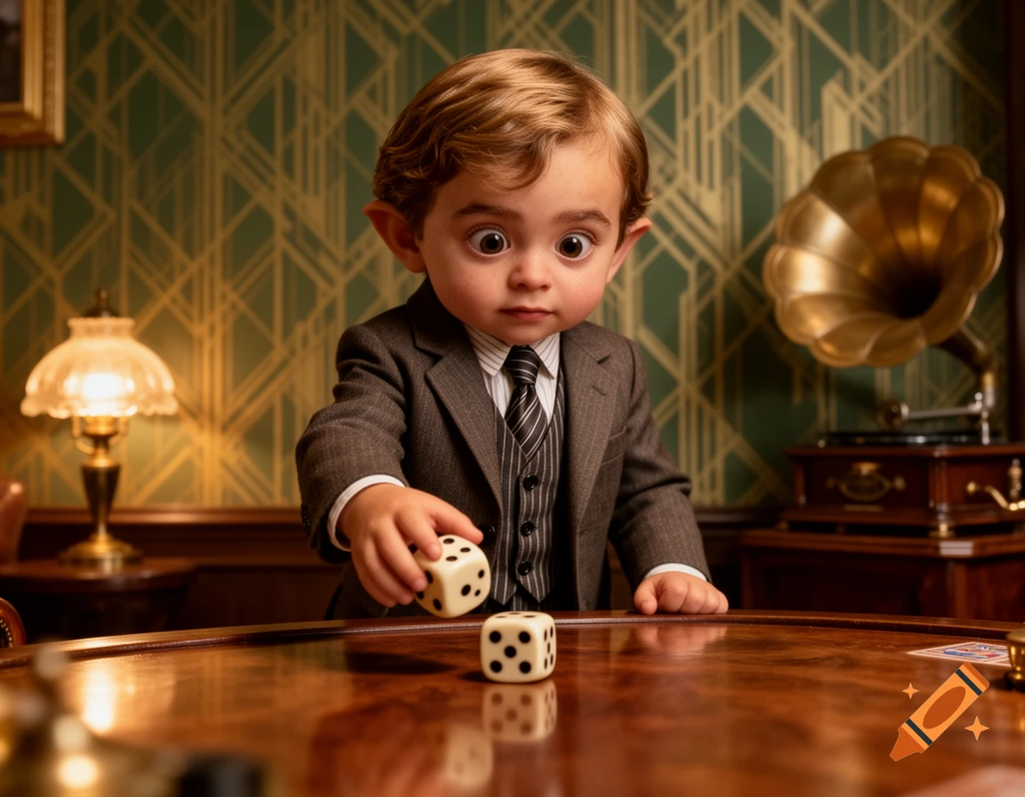 A wide-eyed child in a 1930s suit rolls dice on a table, with a vintage lamp and gramophone in the background.