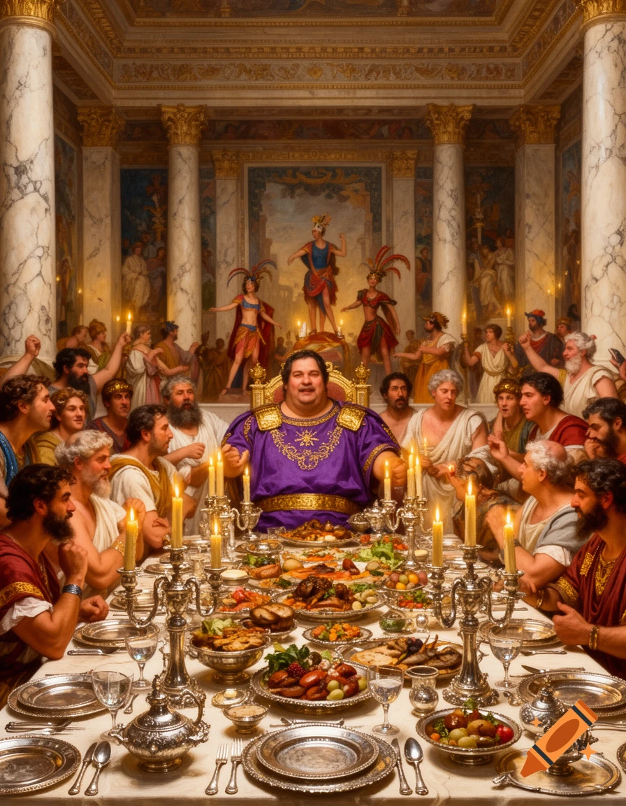 A lavish ancient Roman feast with a portly man in purple robes at the head of a long table, surrounded by guests and entertainers in a grand hall.