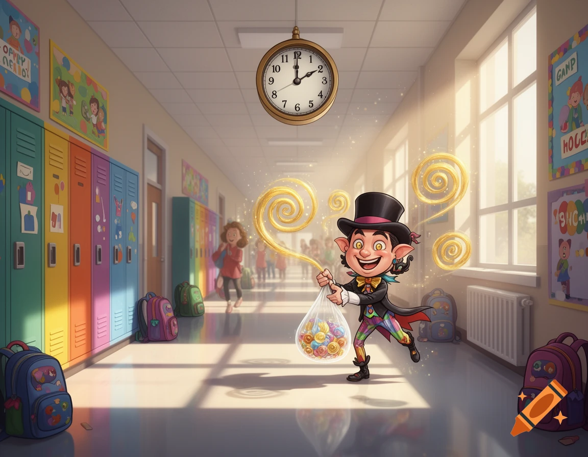 A cartoon magician-like character with pointed ears and a top hat stands in a school hallway, holding a bag of colorful items while golden magical swirls emanate around him.