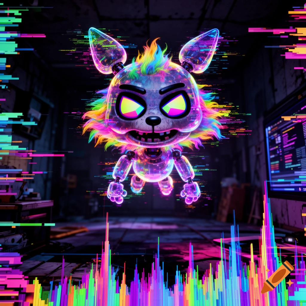A vibrant, glitch-art robot fox with rainbow fur and transparent limbs floats in a dark, tech-filled room with digital visuals.