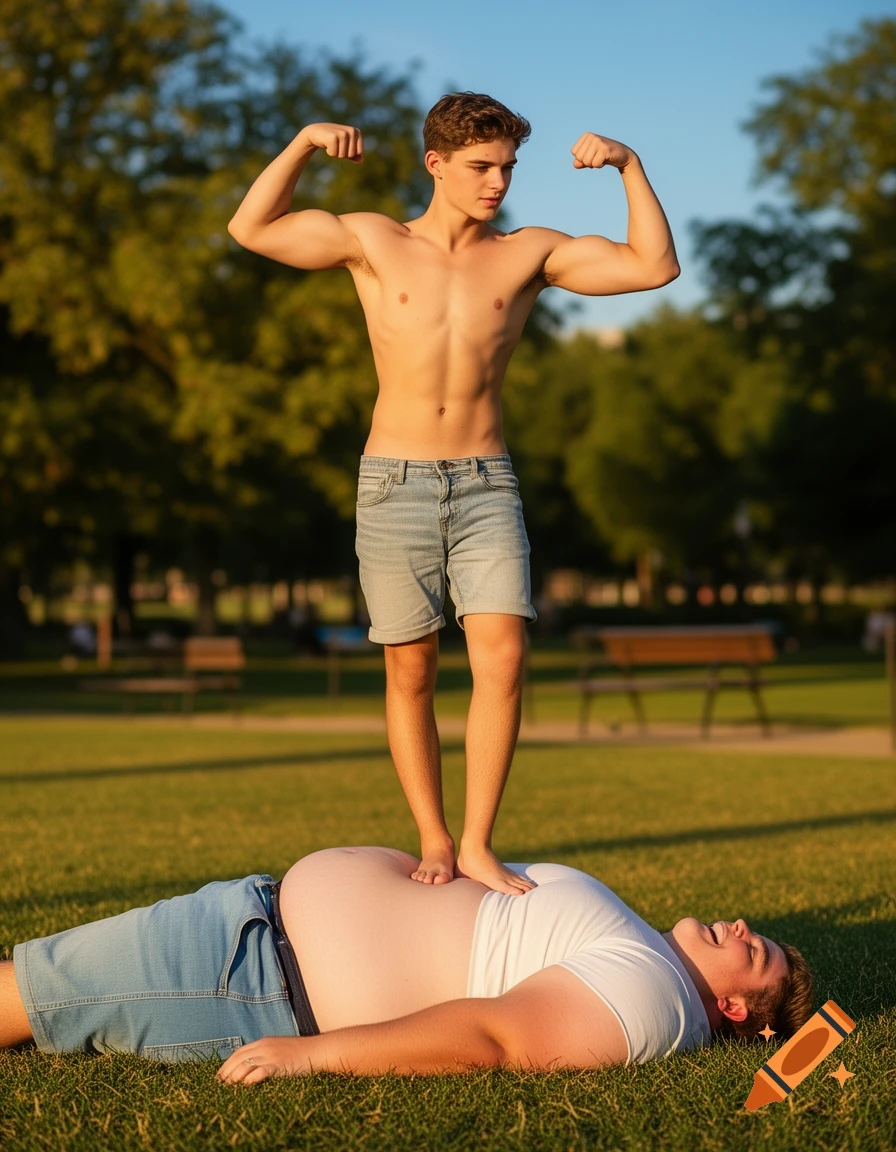 A shirtless, muscular young man flexes his biceps while standing barefoot on the bare, bloated stomach of another smiling man lying in a sunny grassy park.