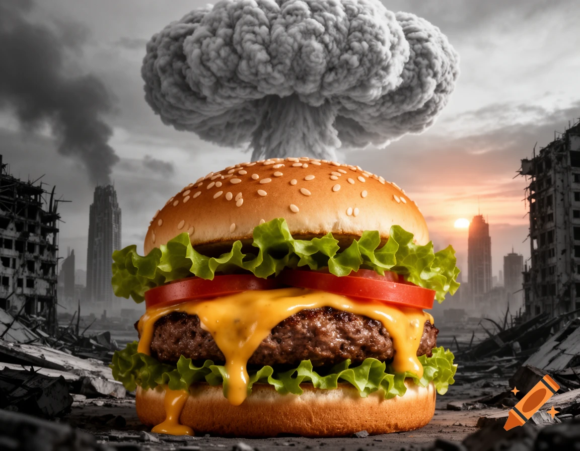 A photorealistic cheeseburger on rubble in a destroyed city with an atomic mushroom cloud looming under a sunset sky.