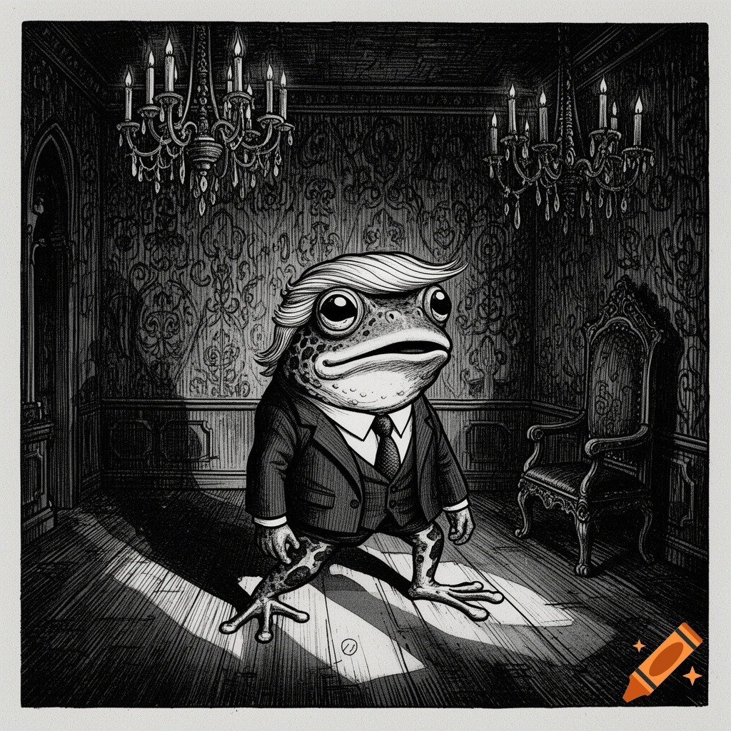 Black and white woodcut of a frog with blonde hair resembling Donald Trump, wearing a suit, standing in an ornate, dark room.