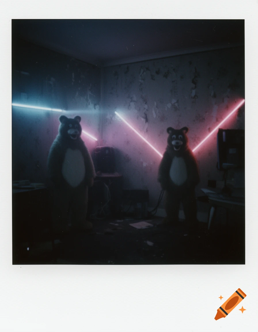 Two unsettling figures in bear costumes stand in a dimly lit, derelict room with intersecting blue and pink neon lights, styled as a polaroid photo.