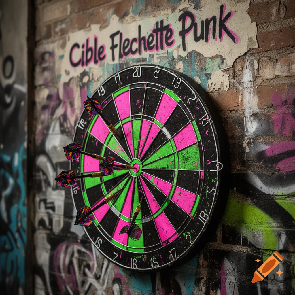 A vibrant pink, green, and black dartboard with several darts embedded in it, hanging on a graffiti-covered brick wall with "Cible Flechette Punk" spray-painted above.