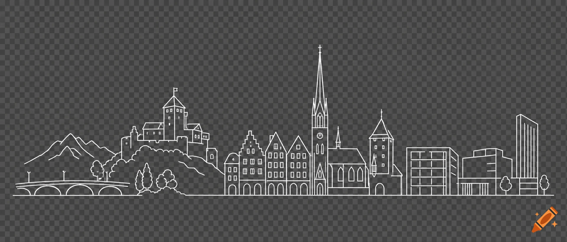 White line art illustration of a cityscape including mountains, a bridge, a castle, houses, churches, and buildings.