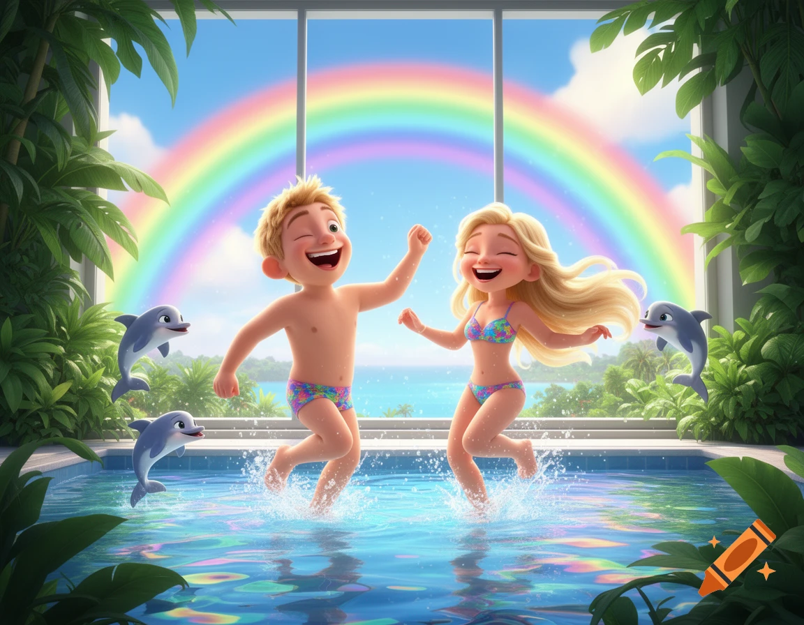 A blonde boy and girl splash joyfully in an indoor pool with tropical plants, dolphins, and a rainbow outside, in Pixar cartoon style.