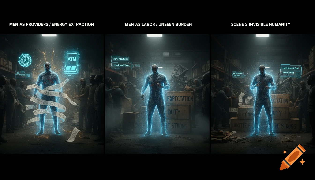 A triptych showing glowing blue figures representing men as providers, labor, and invisible humanity, amidst industrial settings and symbolic text.