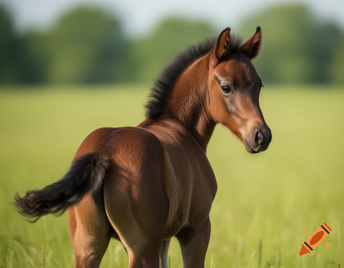 Photorealistic brown foal with a dark mane and tail, standing in a vibrant green field and looking back over its shoulder.